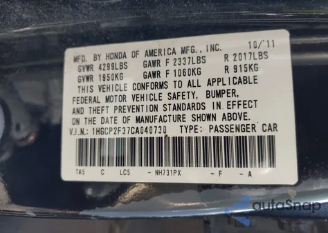 2012 Honda Accord 2.4 Lx from USA, damaged, VIN 1HGCP2F37CA040730
